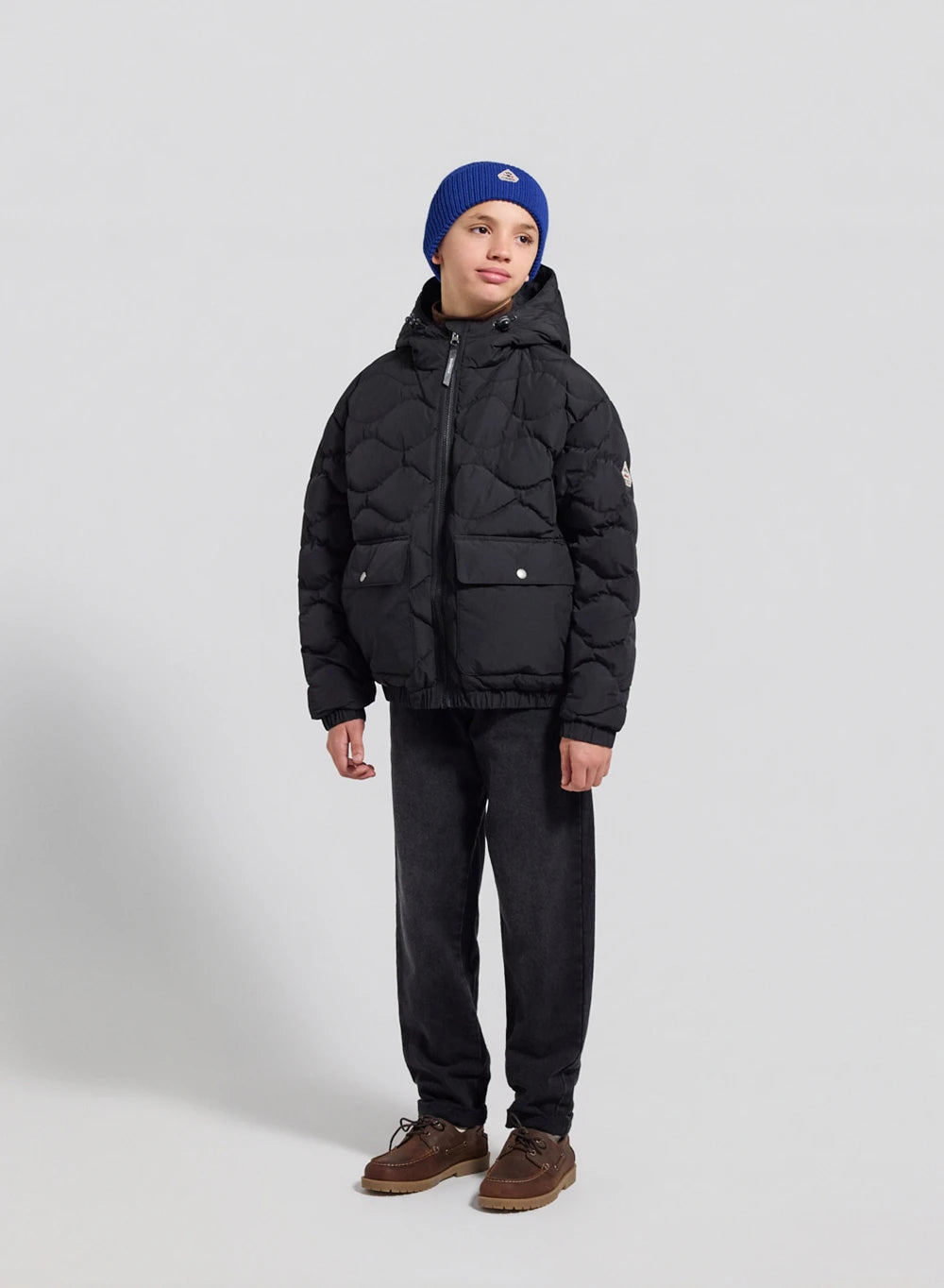 Children's hooded bomber down jacket Beille black