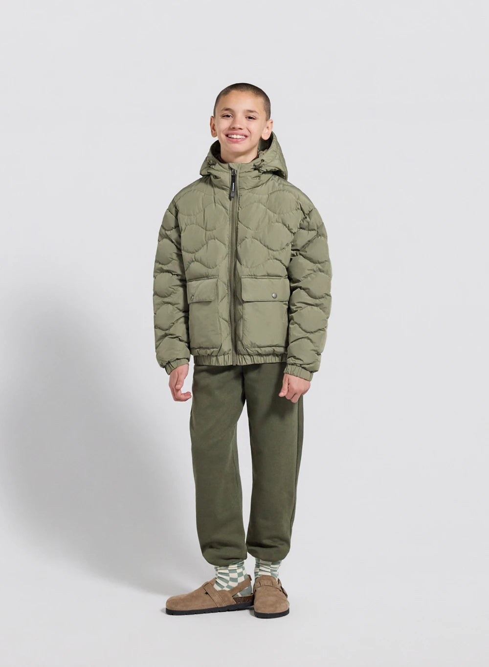 Bomber hooded down jacket for children Beille light khaki