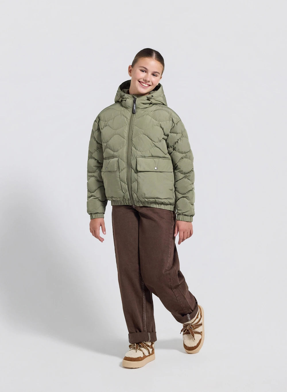 Bomber hooded down jacket for children Beille light khaki