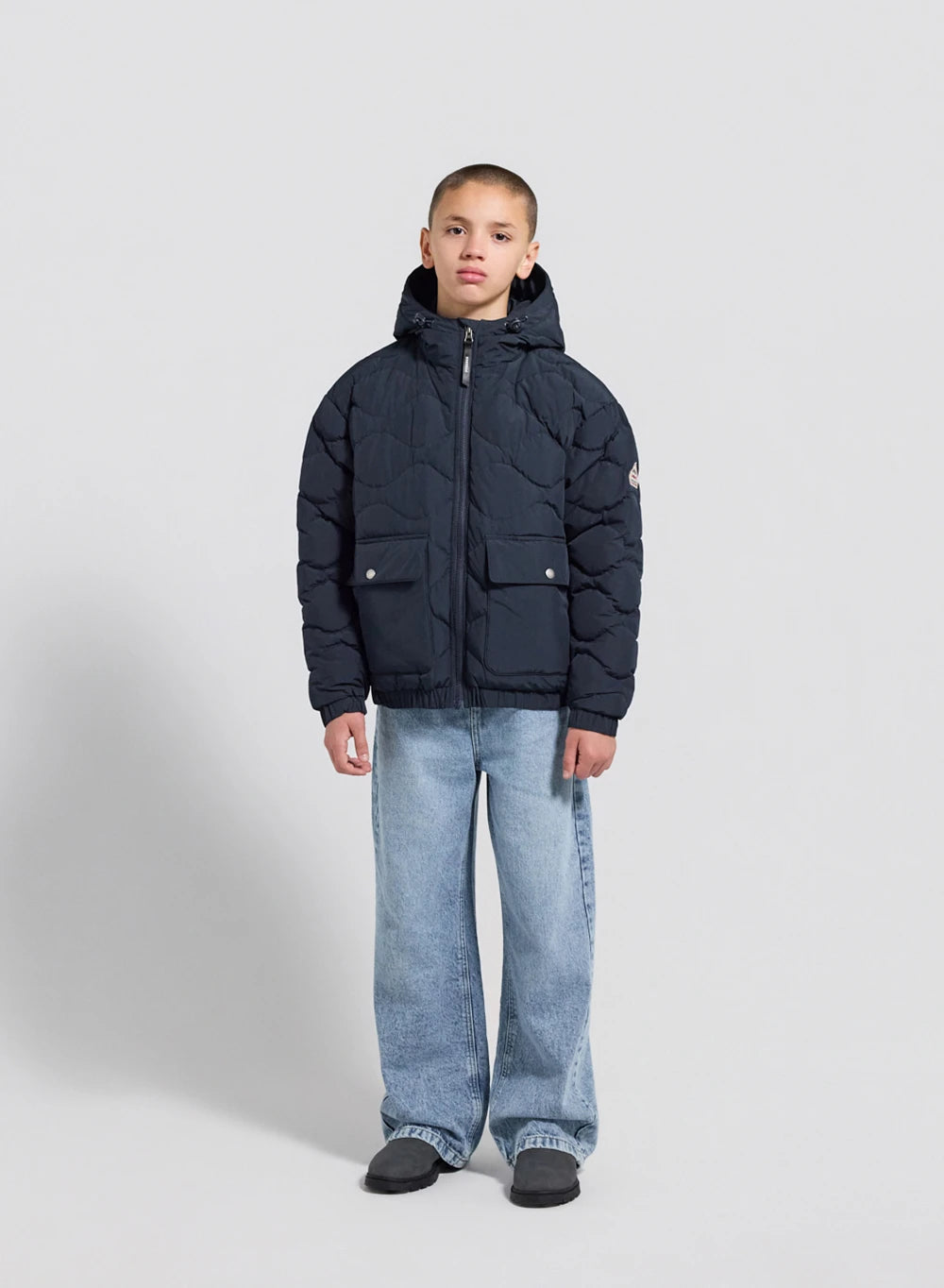 Beille dark blue hooded bomber children's down jacket
