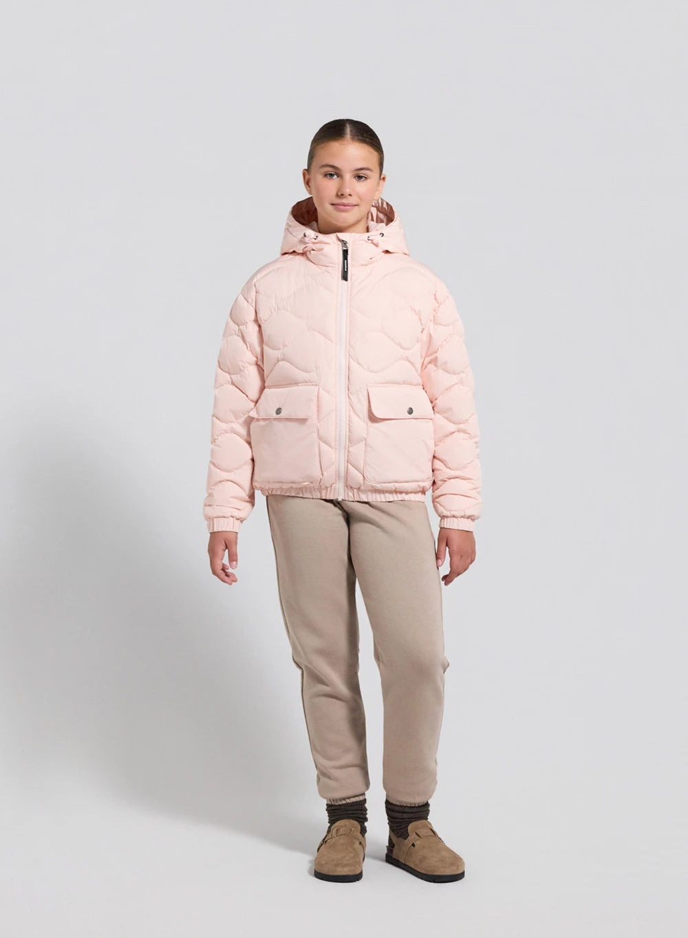 Beille light pink hooded bomber children's down jacket