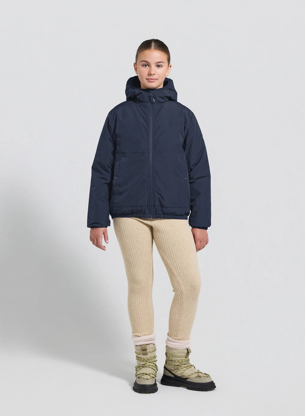 Density dark blue hooded waterproof down jacket for children