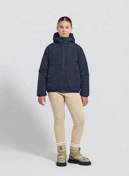 Density dark blue hooded waterproof down jacket for children