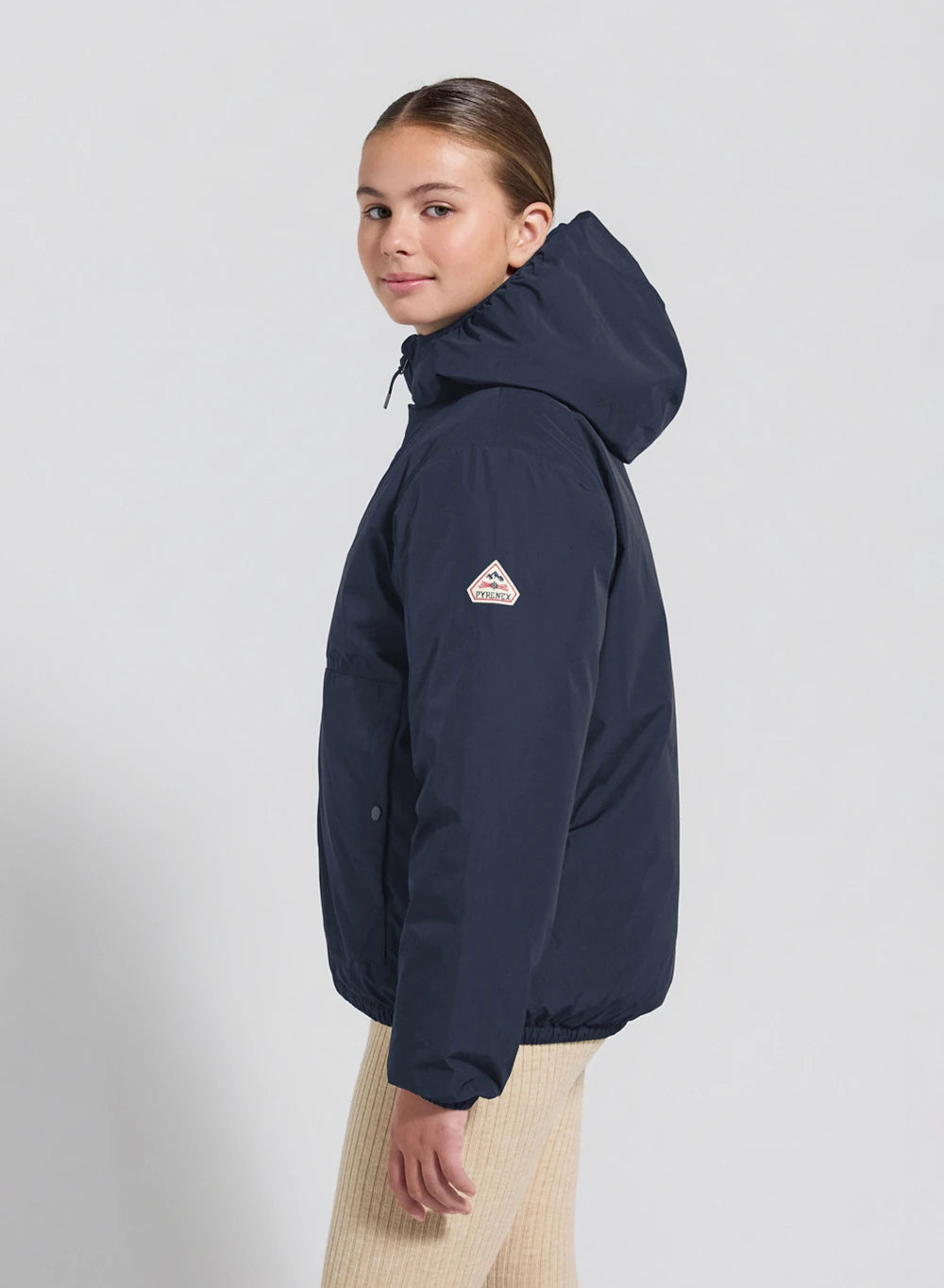Density dark blue hooded waterproof down jacket for children