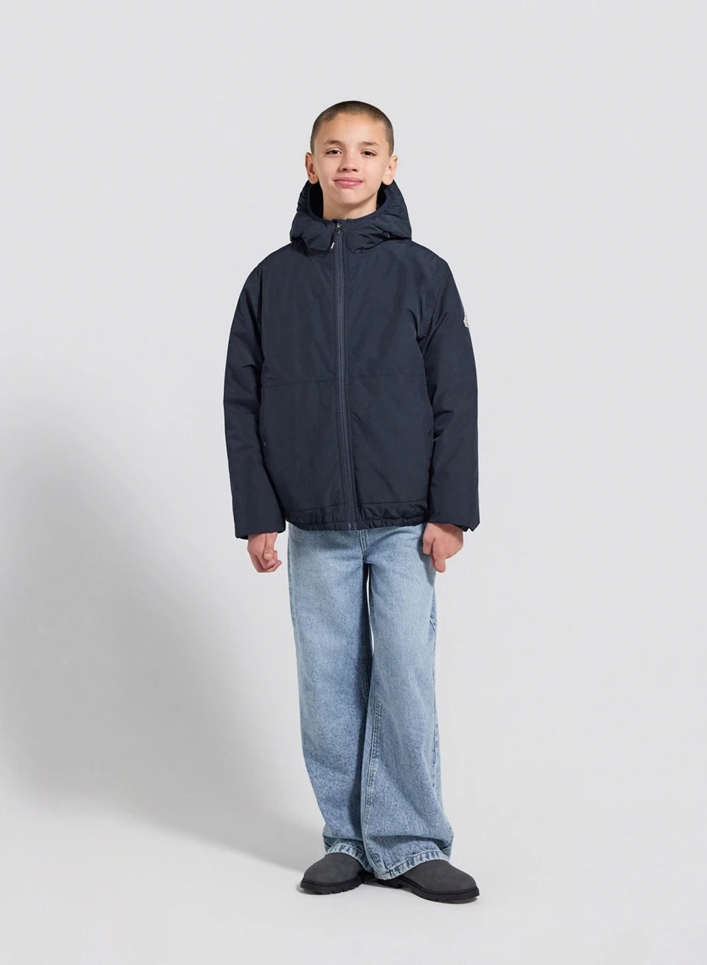 Density dark blue hooded waterproof down jacket for children