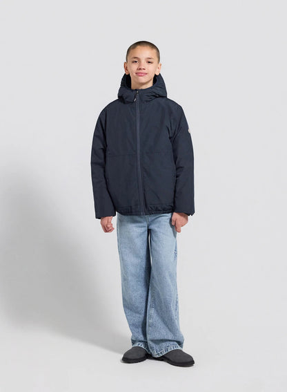 Density dark blue hooded waterproof down jacket for children