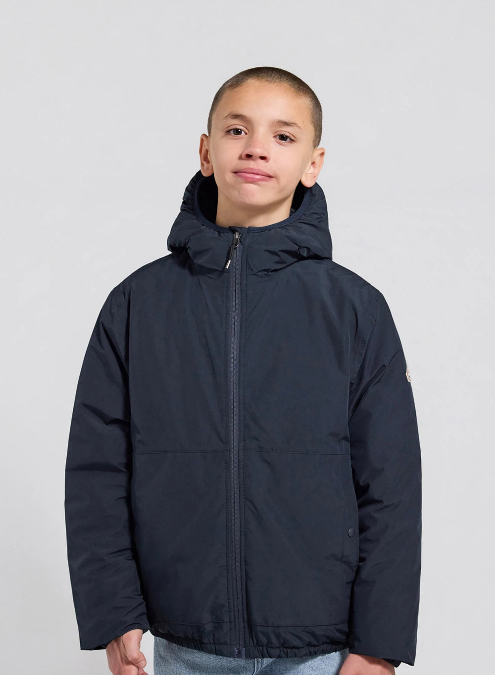 Density dark blue hooded waterproof down jacket for children