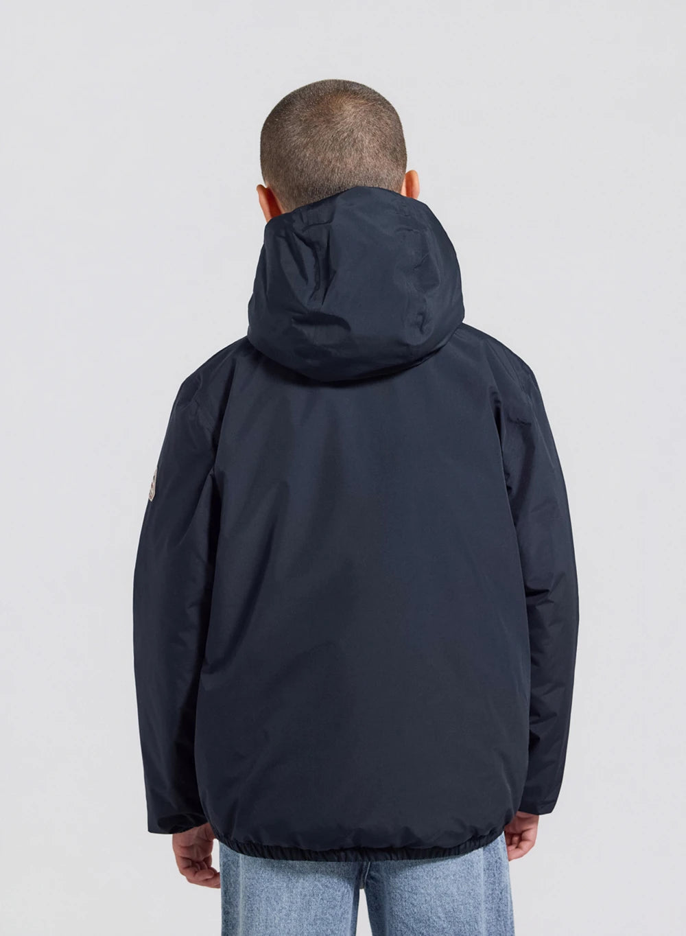 Density dark blue hooded waterproof down jacket for children