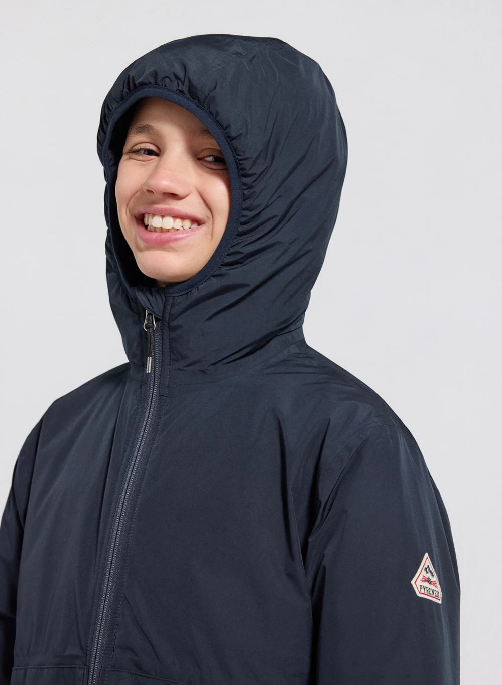 Density dark blue hooded waterproof down jacket for children