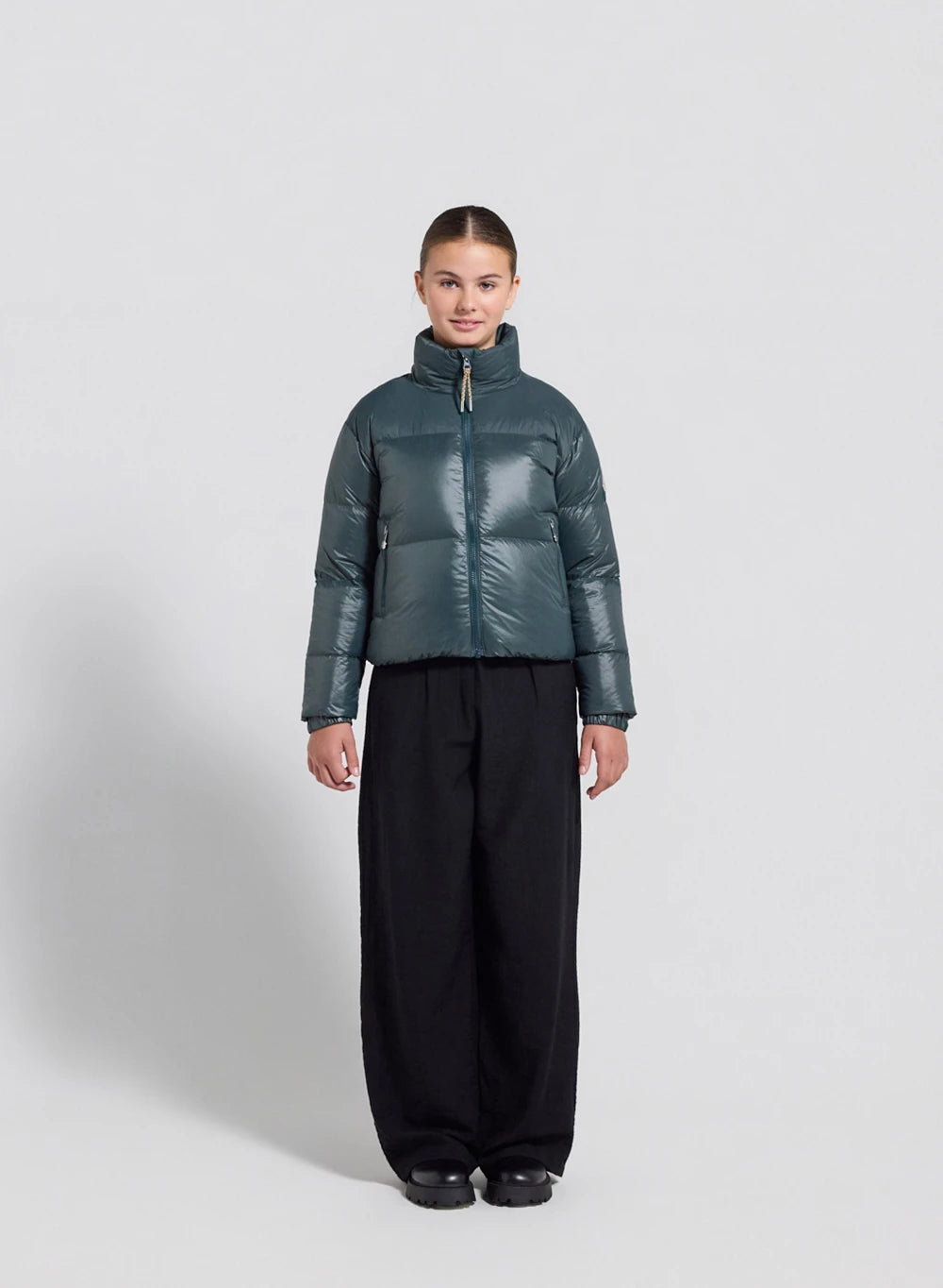 Glossy girls' down jacket Pyrenex Goldin dark green