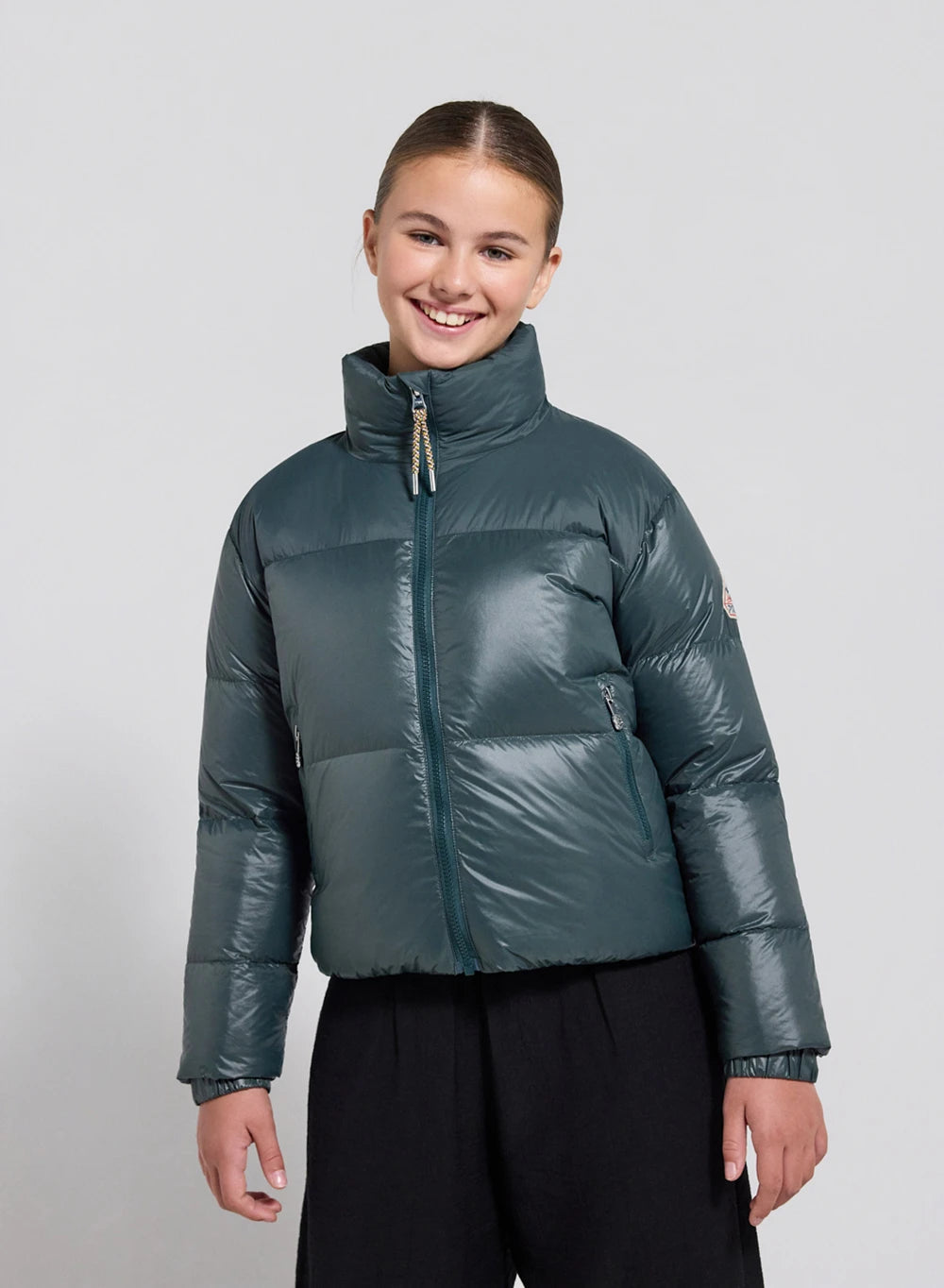 Glossy girls' down jacket Pyrenex Goldin dark green