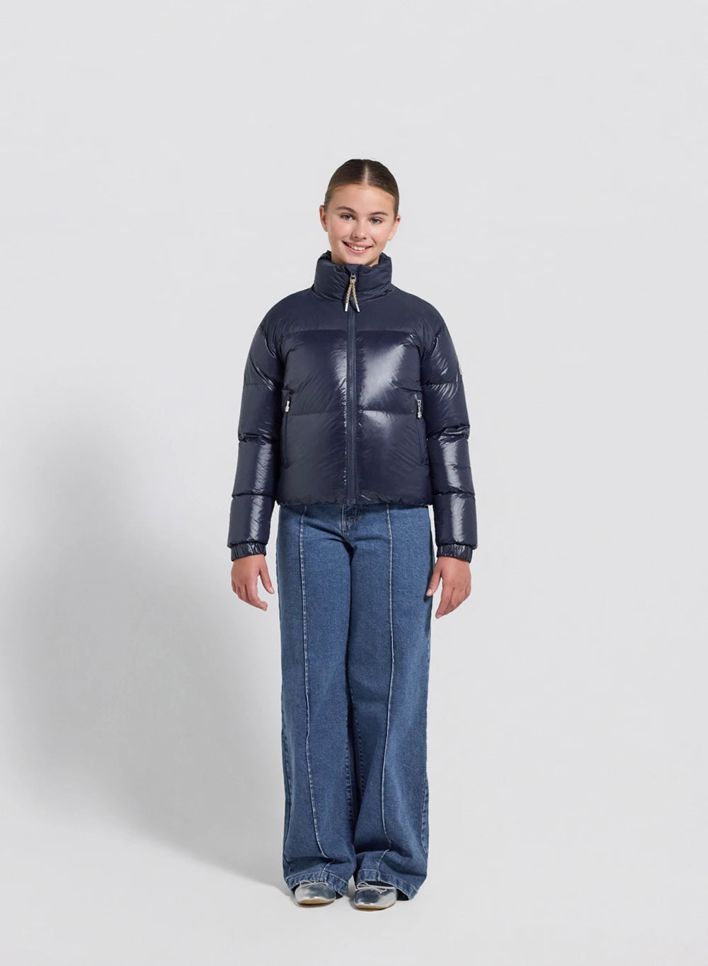 Shiny girls' down jacket Pyrenex Goldin navy blue