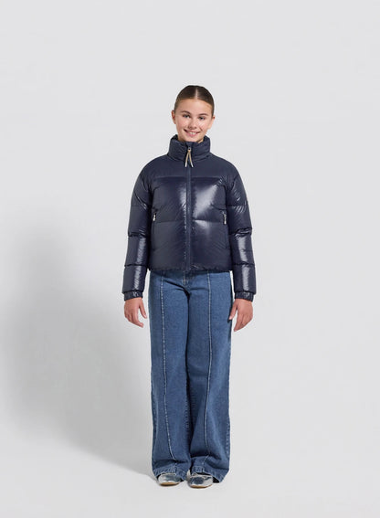 Shiny girls' down jacket Pyrenex Goldin navy blue