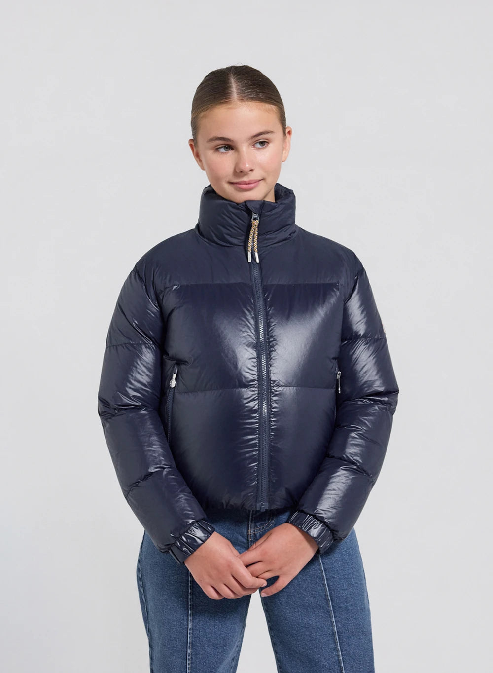 Shiny girls' down jacket Pyrenex Goldin navy blue