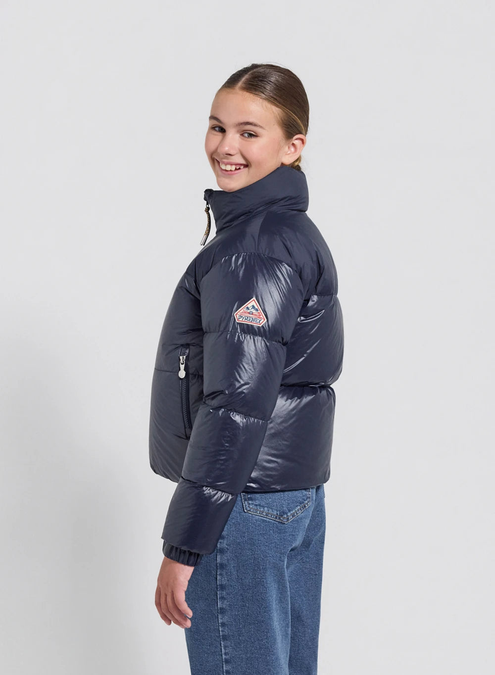 Shiny girls' down jacket Pyrenex Goldin navy blue
