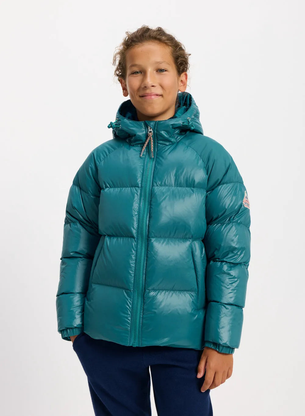 Pyrenex Sten children's hooded down jacket in turquoise blue