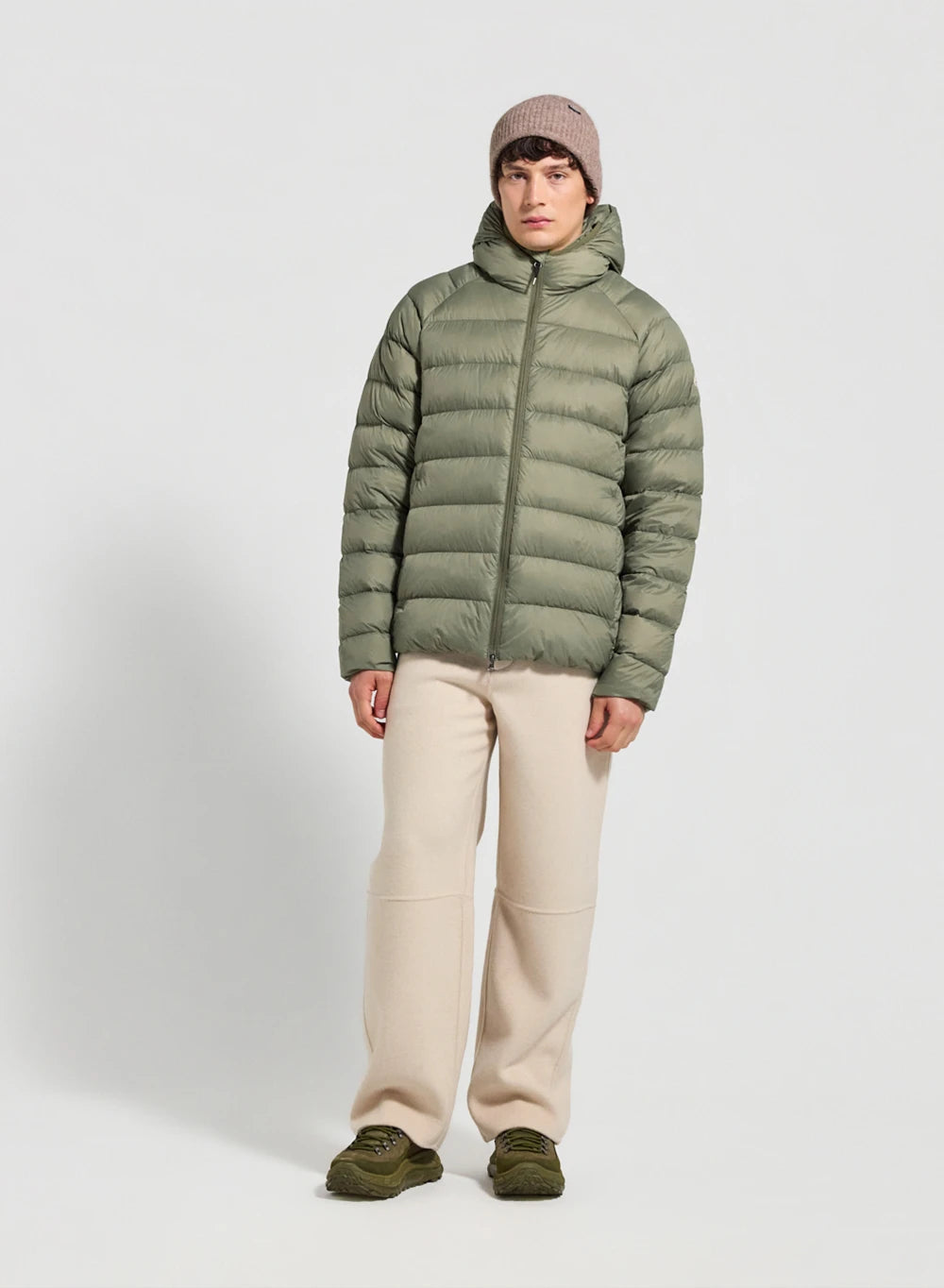 Hooded men's down jacket Pyrenex Arial light khaki