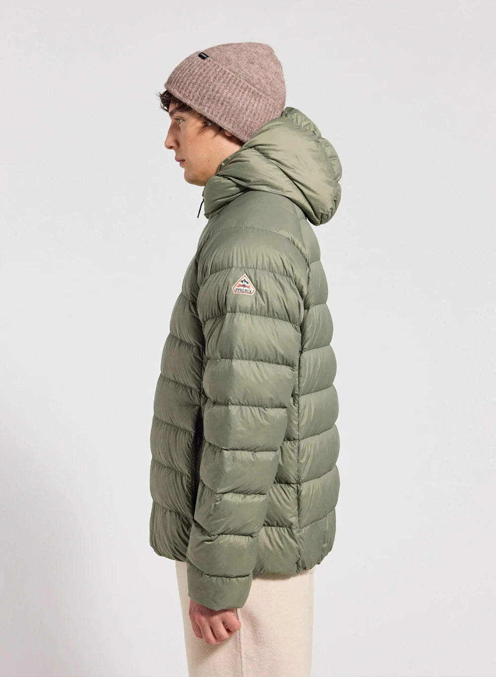 Hooded men's down jacket Pyrenex Arial light khaki