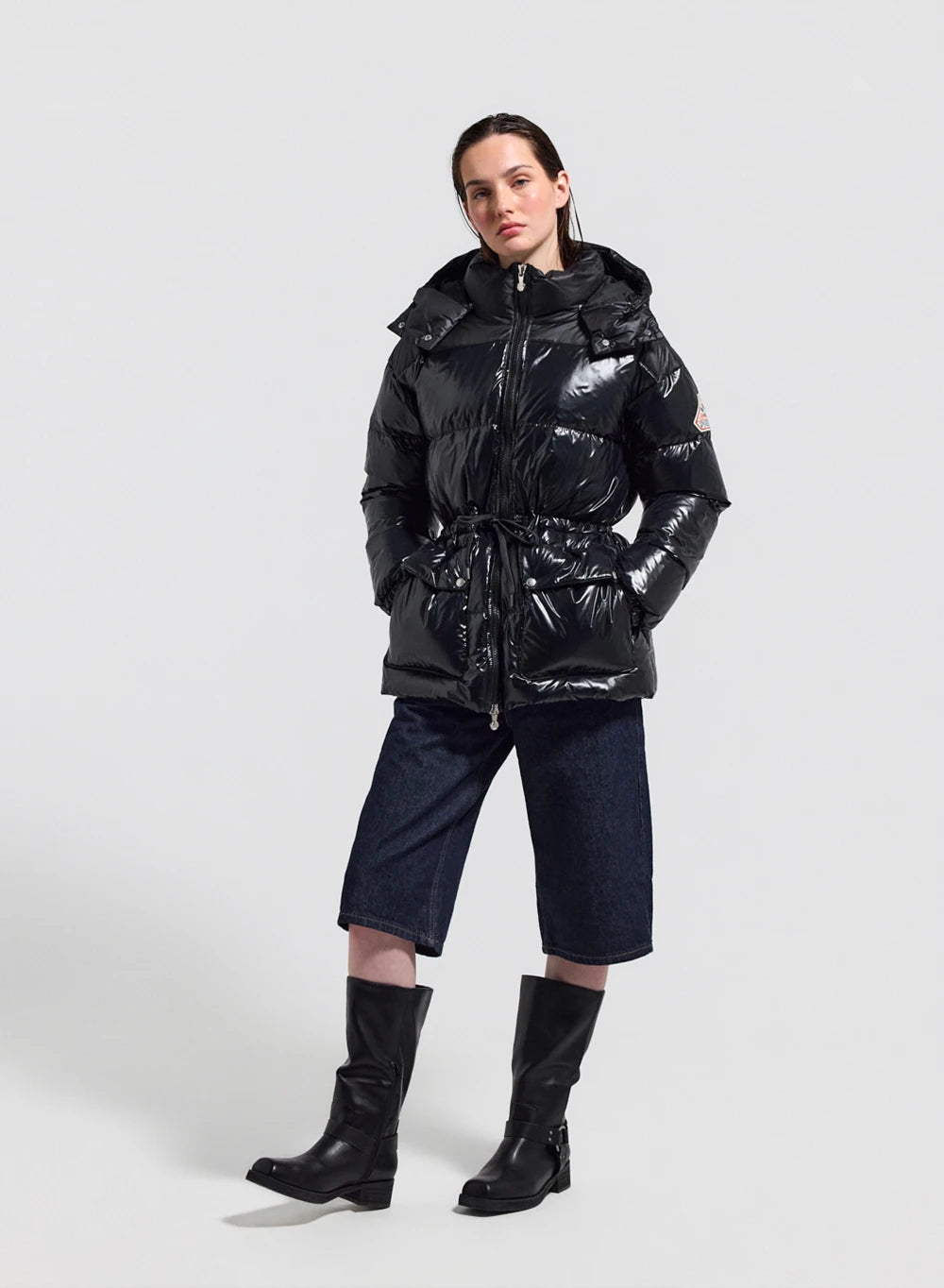 Shiny hooded women's down jacket Pyrenex Alexa black