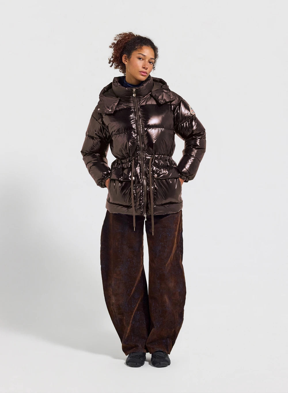 Shiny hooded women's down jacket Alexa brown