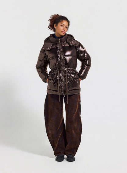 Shiny hooded women's down jacket Alexa brown