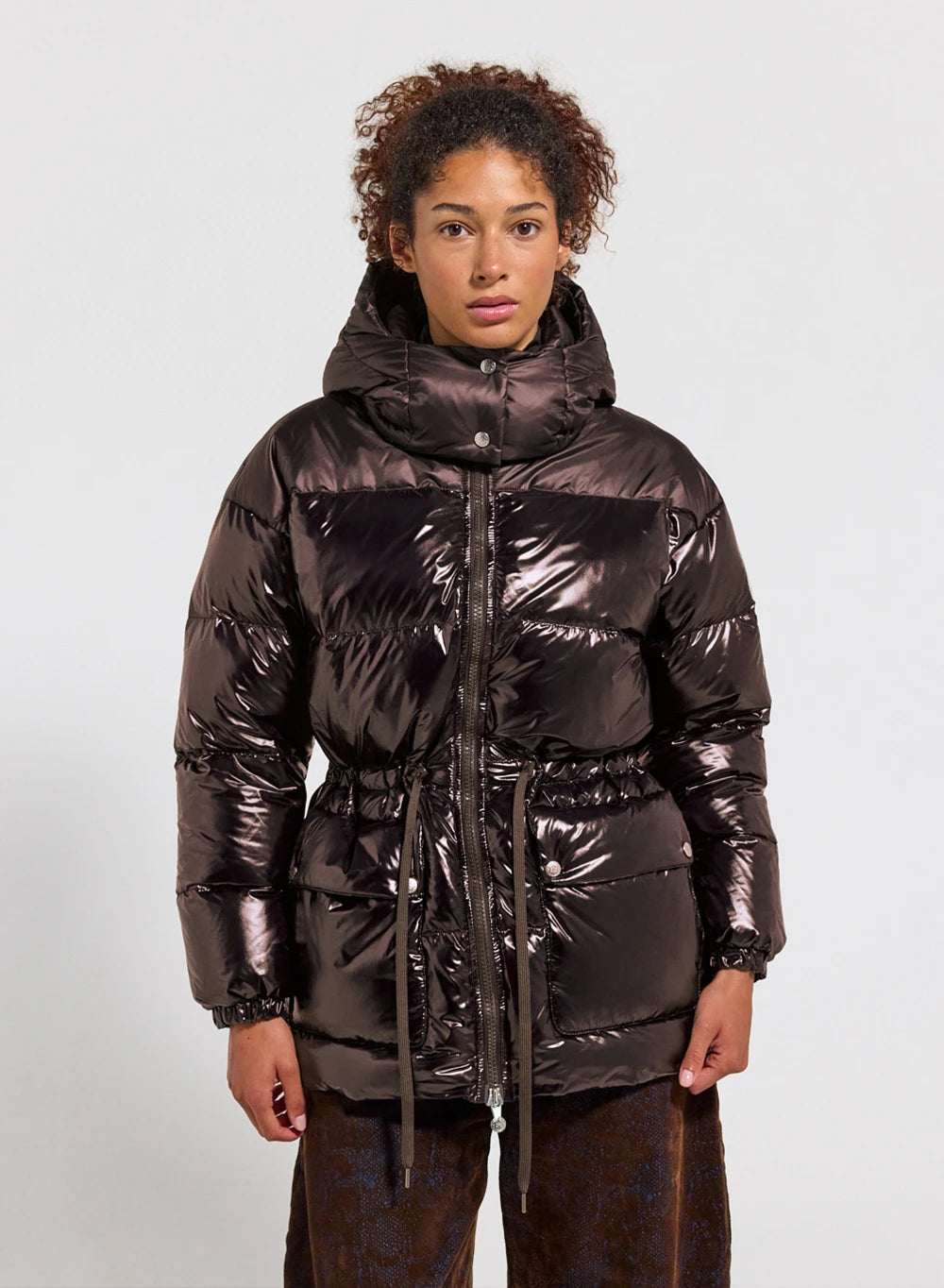 Shiny hooded women's down jacket Alexa brown