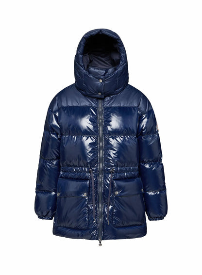 Women's hooded shiny down jacket Pyrenex Alexa navy blue