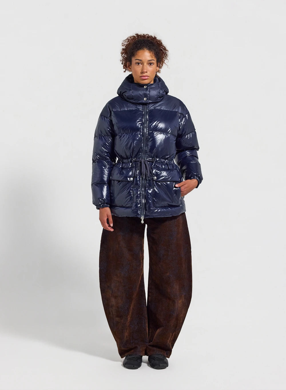 Women's hooded shiny down jacket Pyrenex Alexa navy blue
