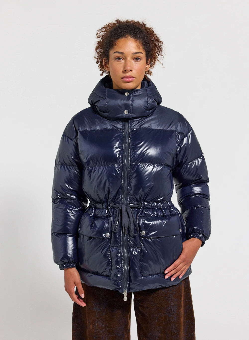 Women's hooded shiny down jacket Pyrenex Alexa navy blue