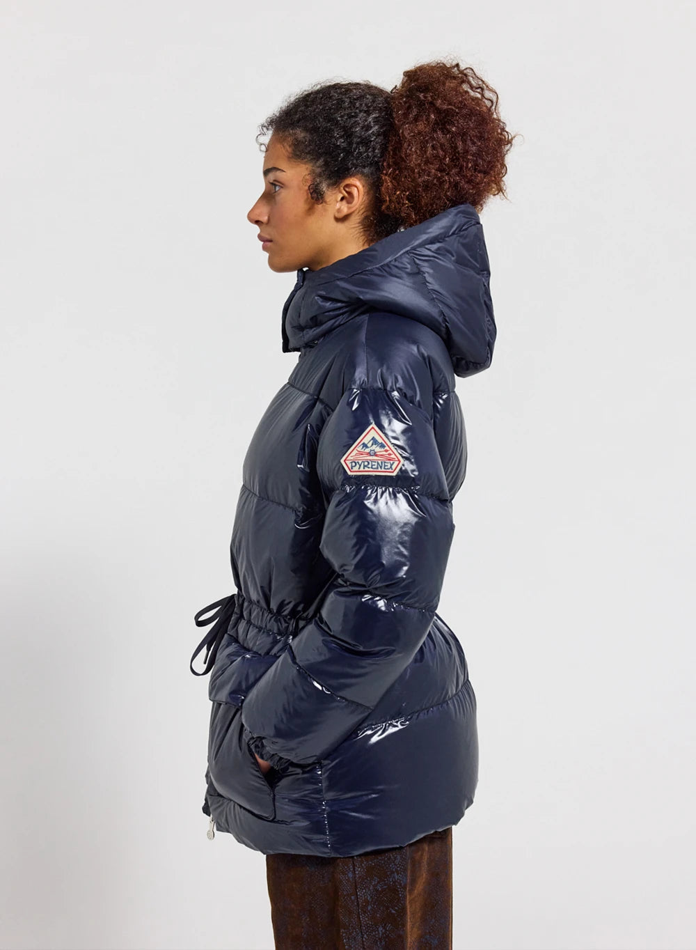 Women's hooded shiny down jacket Pyrenex Alexa navy blue