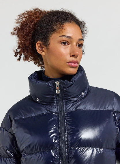 Women's hooded shiny down jacket Pyrenex Alexa navy blue