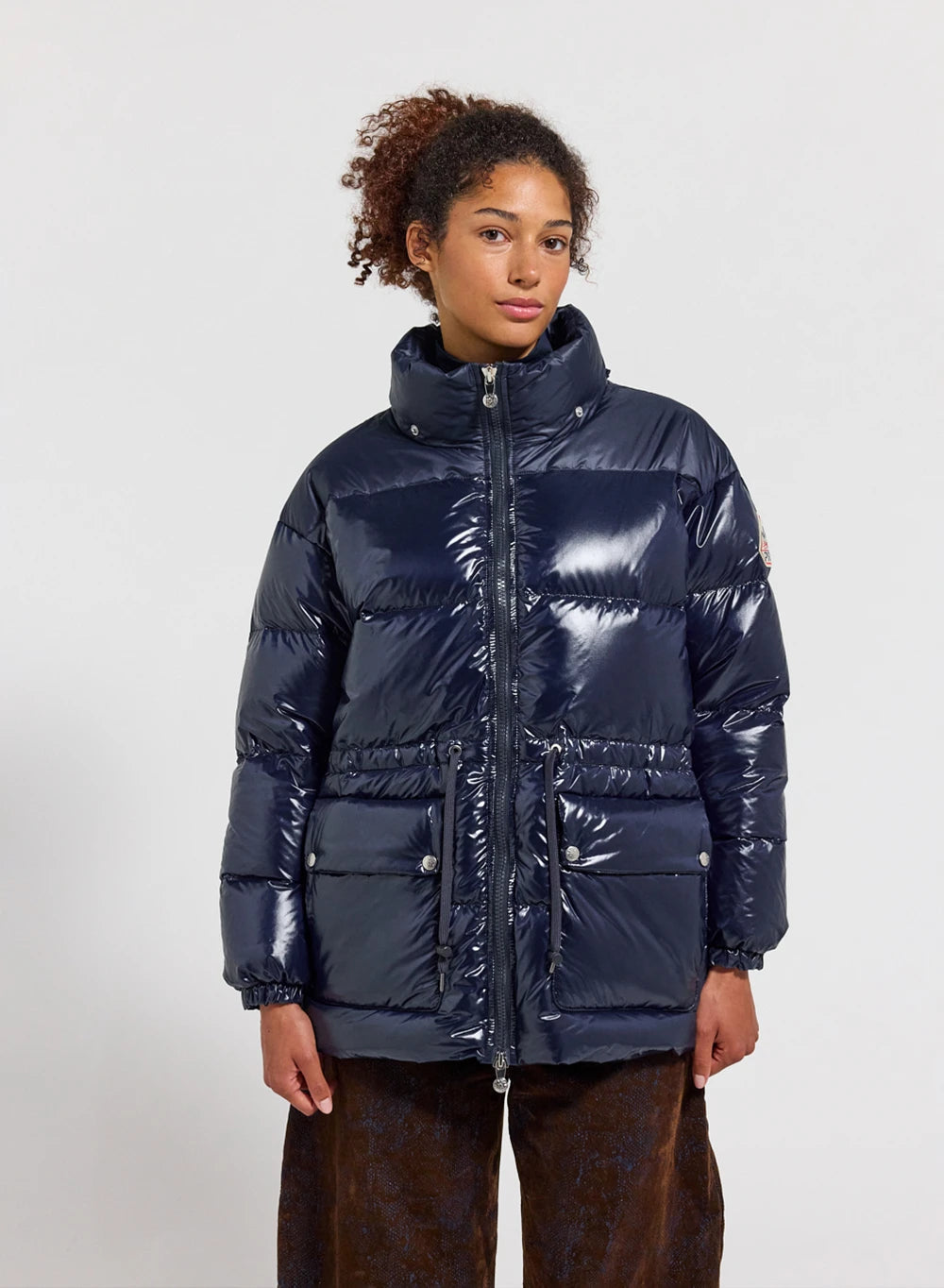 Women's hooded shiny down jacket Pyrenex Alexa navy blue
