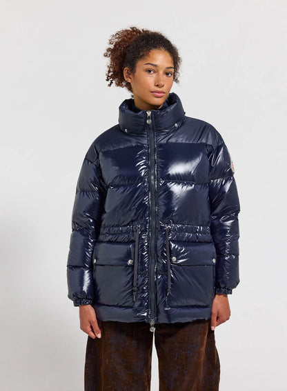 Women's hooded shiny down jacket Pyrenex Alexa navy blue