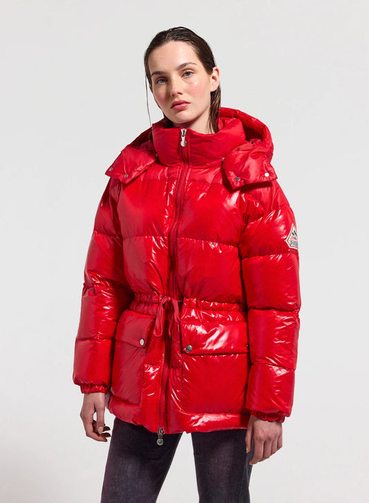 Shiny hooded women's down jacket Pyrenex Alexa red