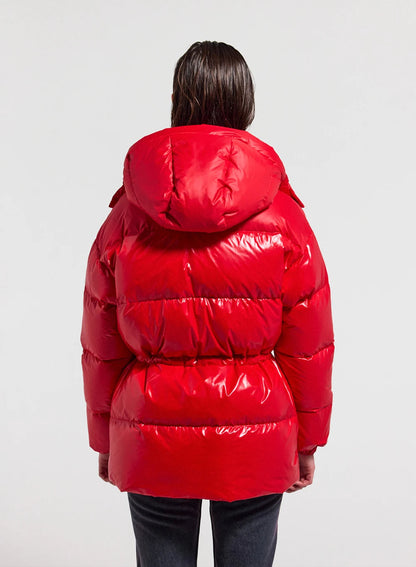 Shiny hooded women's down jacket Pyrenex Alexa red