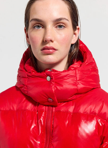 Shiny hooded women's down jacket Pyrenex Alexa red