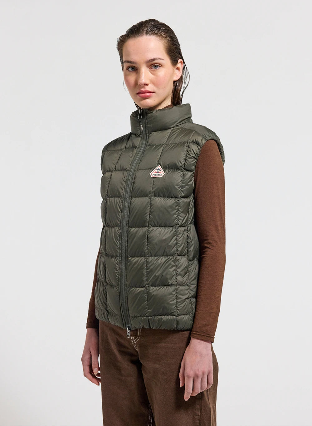 Pyrenex Sunray ultra-lightweight sleeveless women's down jacket in dark khaki