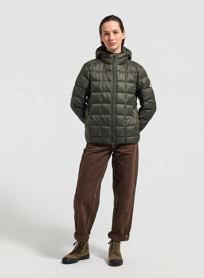 Ultra-lightweight hooded women's down jacket Pyrenex Sunray dark khaki