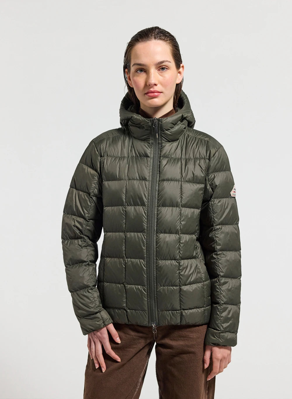Ultra-lightweight hooded women's down jacket Pyrenex Sunray dark khaki