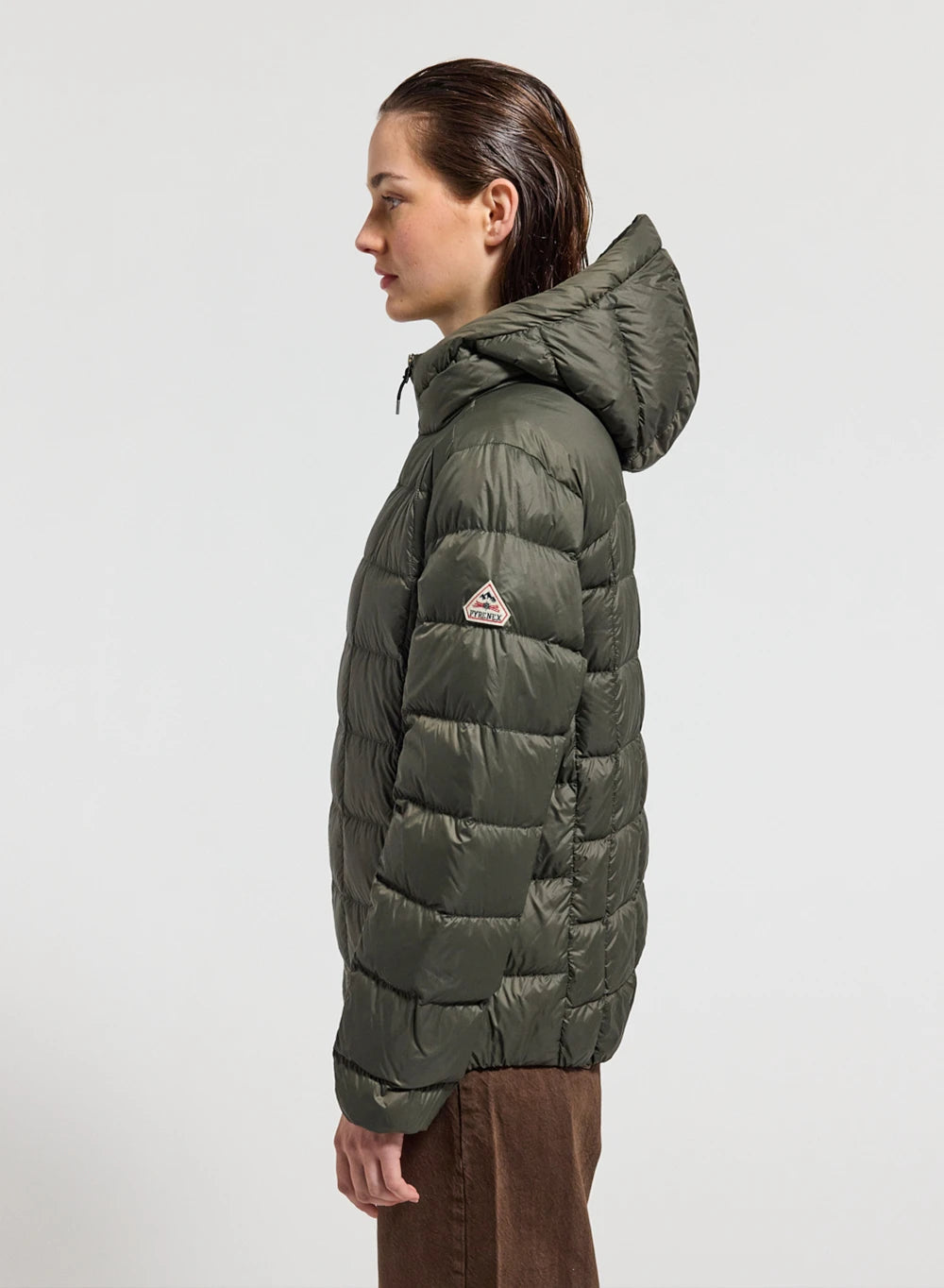 Ultra-lightweight hooded women's down jacket Pyrenex Sunray dark khaki