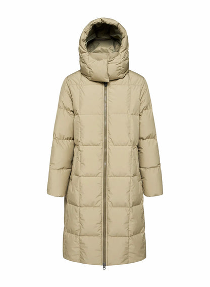 Mystery light khaki long hooded winter women's down jacket