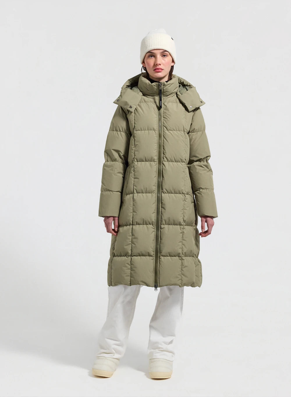 Mystery light khaki long hooded winter women's down jacket