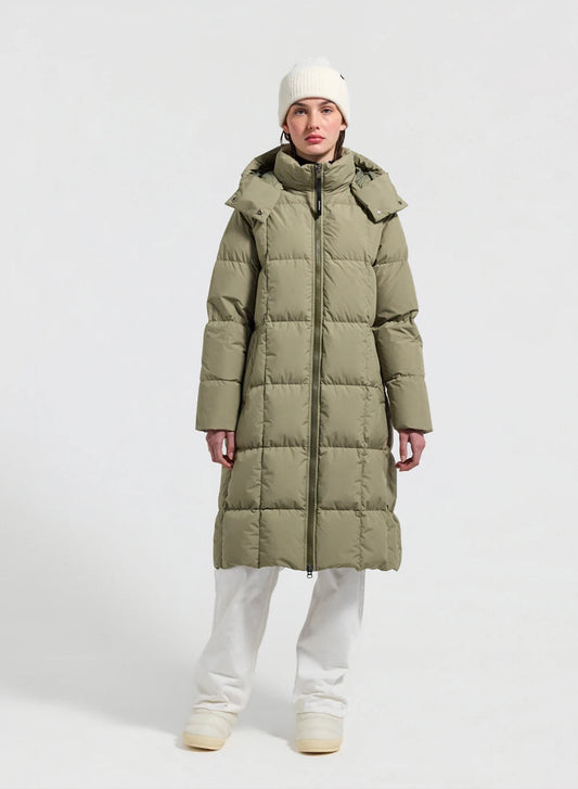 Mystery light khaki long hooded winter women's down jacket