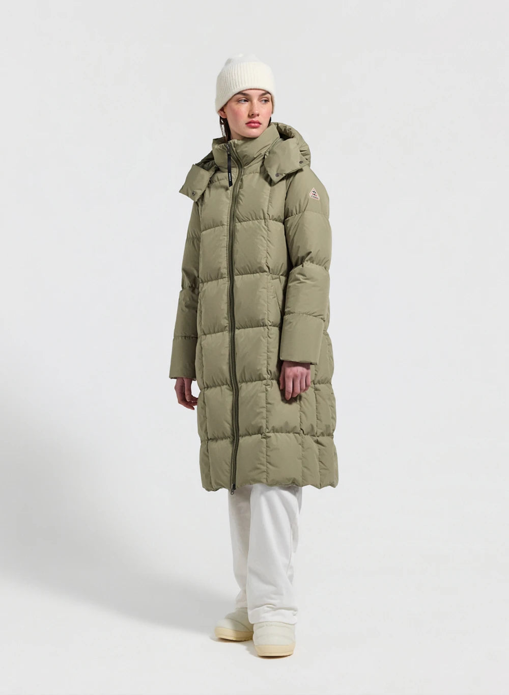 Mystery light khaki long hooded winter women's down jacket