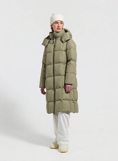 Mystery light khaki long hooded winter women's down jacket