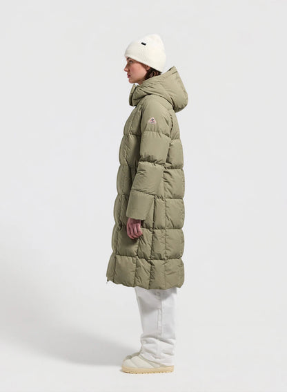 Mystery light khaki long hooded winter women's down jacket