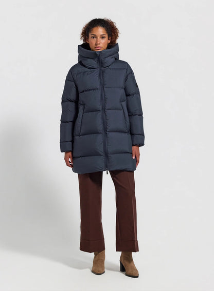 Pyrenex women's mid-length down jacket, Colibri, made in Saint Sever, dark blue