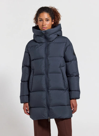 Pyrenex women's mid-length down jacket, Colibri, made in Saint Sever, dark blue