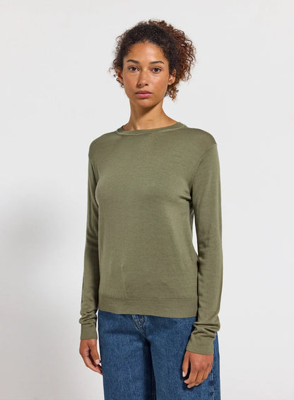 Fine crew-neck merino wool women's jumper Mysig khaki