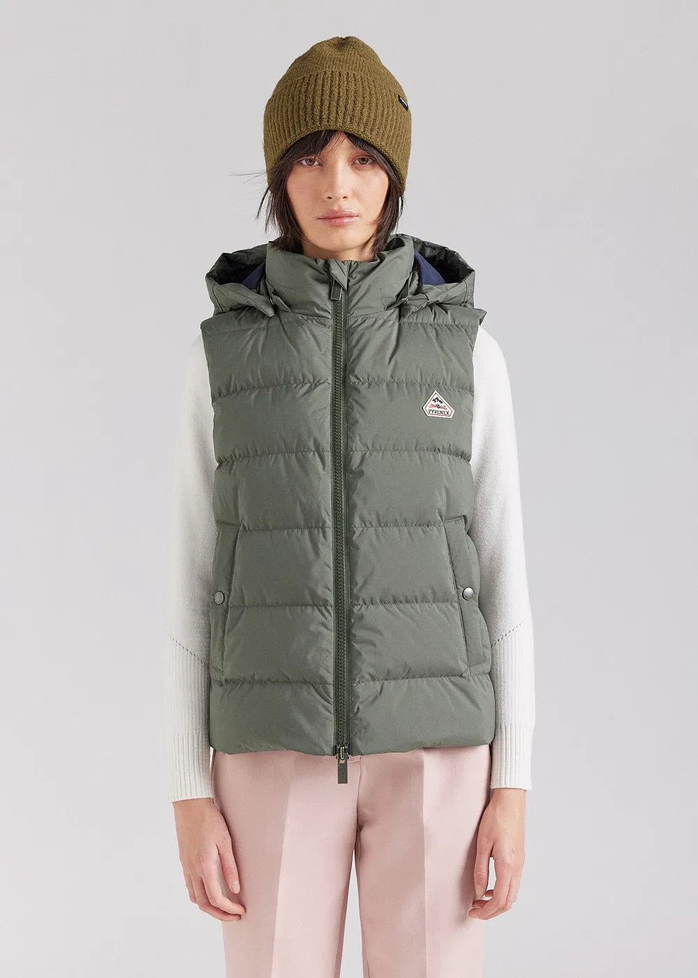 Women's sleeveless Pyrenex Spoutnic down jacket with removable hood in deep khaki